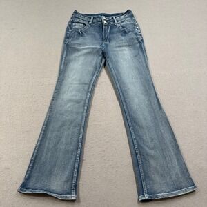 Y2K Flare Jeans Women's Large Blue Denim Slim Fit High Rise Stretch Whiskered